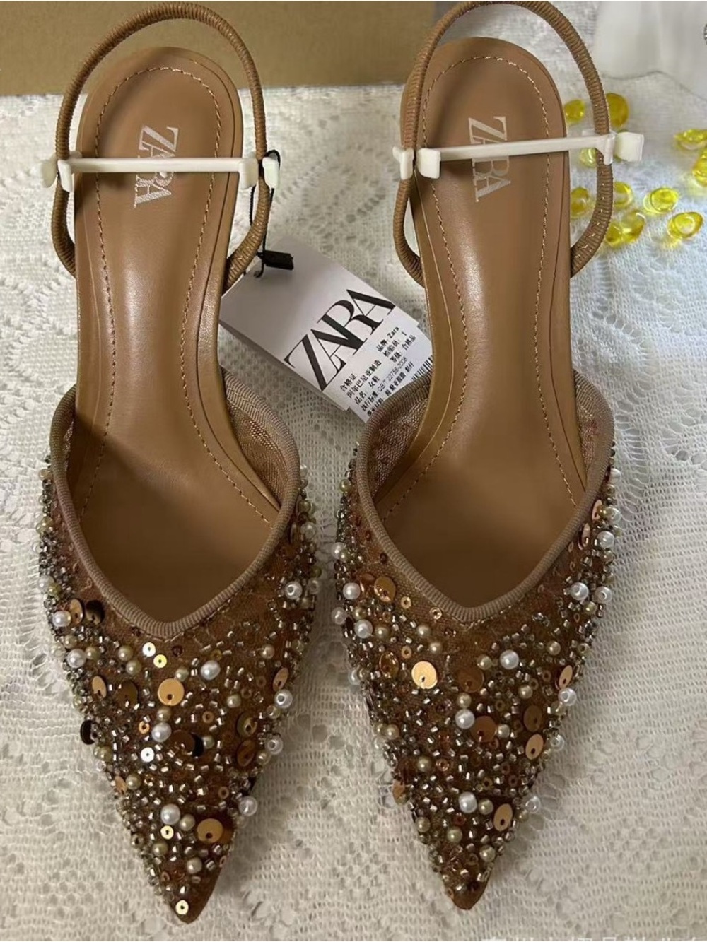 ZARA Tan Embellished Pointed Toe Slingback Heels